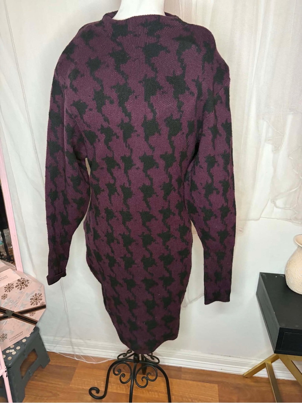 Express Crewneck Sweater Dress in Plum and Black Houndstooth Small